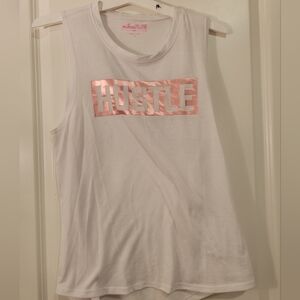 MikenFlow White Muscle Tee with Rose Gold 'Hustle' Graphic Sz M